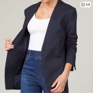 SPANX Perfect Collarless Blazer In Navy With White Pinstripes